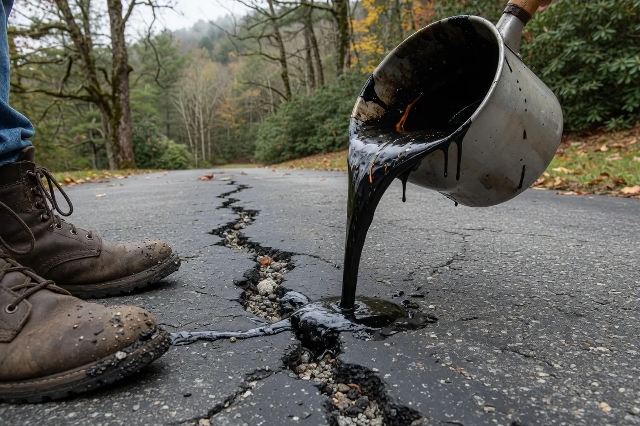 Hot rubberized sealant poured into a driveway crack