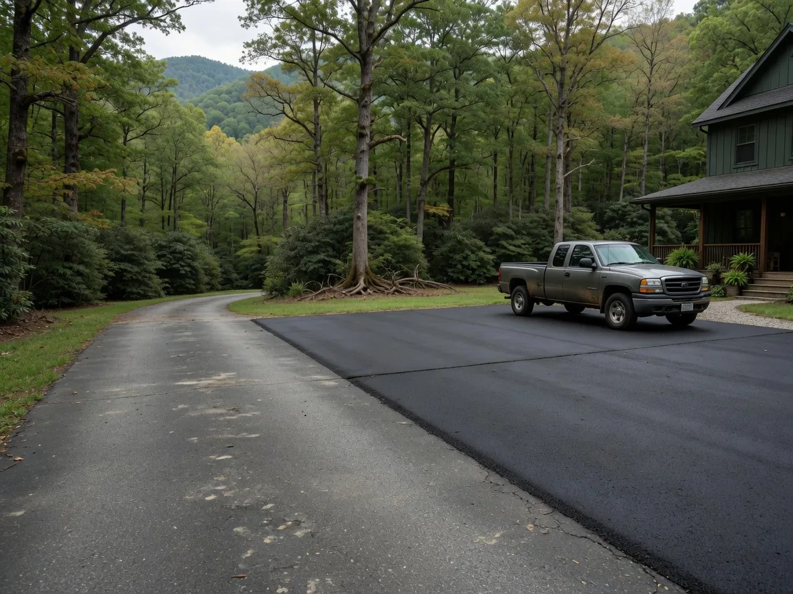 A widened driveway and new parking pad beside a mountain home