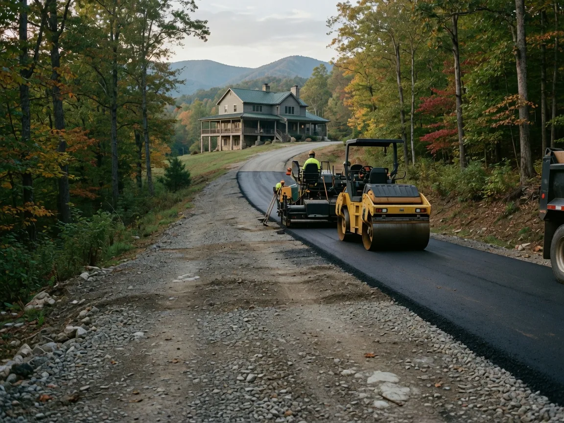 A gravel driveway half converted to new asphalt