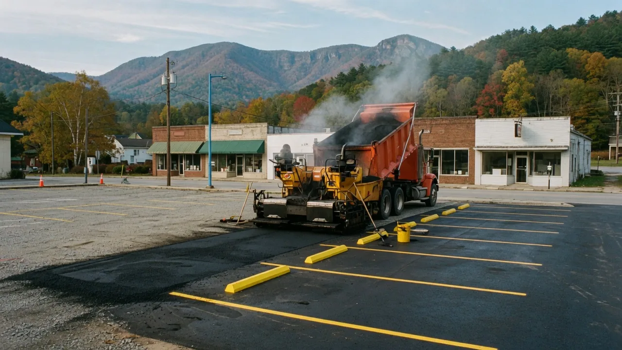 A small parking lot being paved with fresh striping on the finished half
