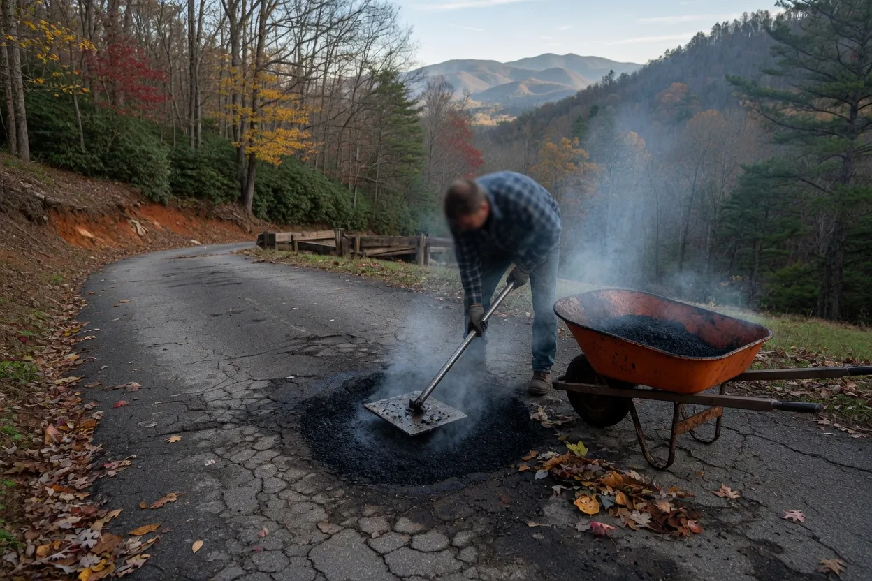 Hot asphalt patch being tamped into a driveway pothole