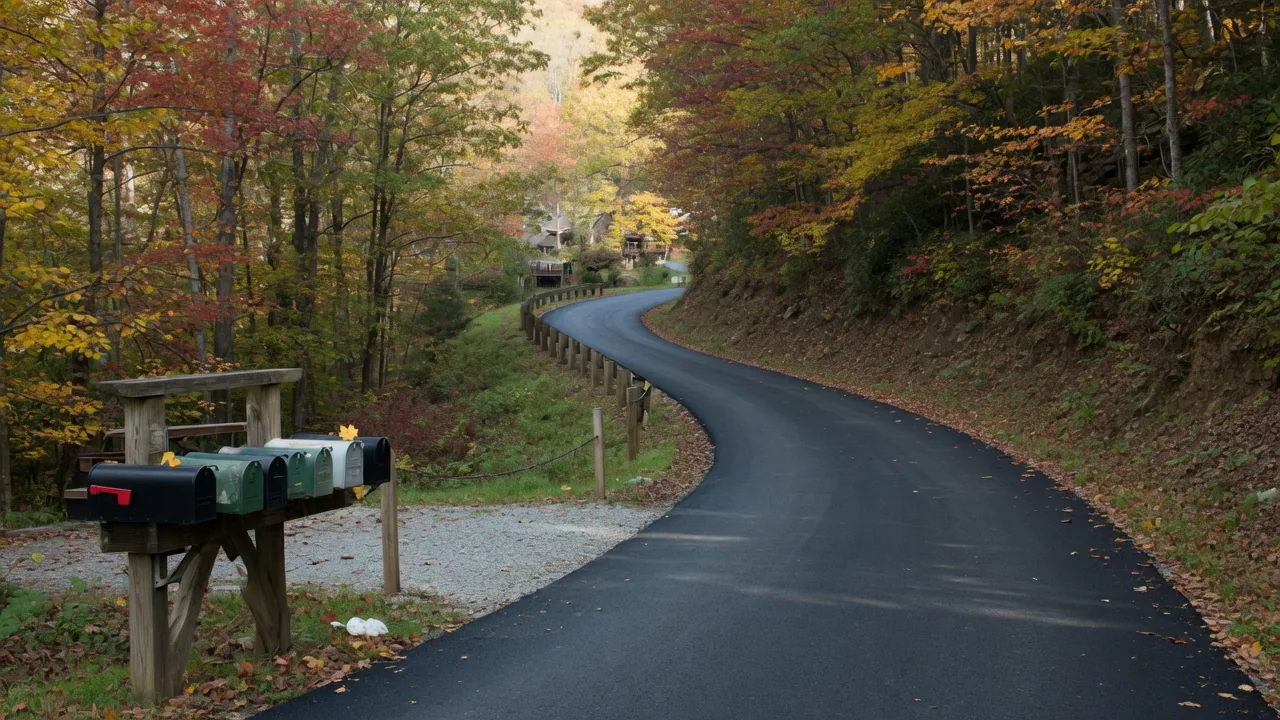A freshly paved private mountain road through a wooded subdivision
