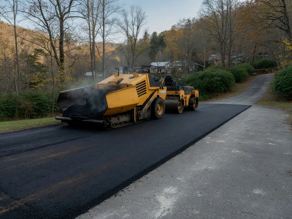 A new asphalt overlay going down over an old grey driveway