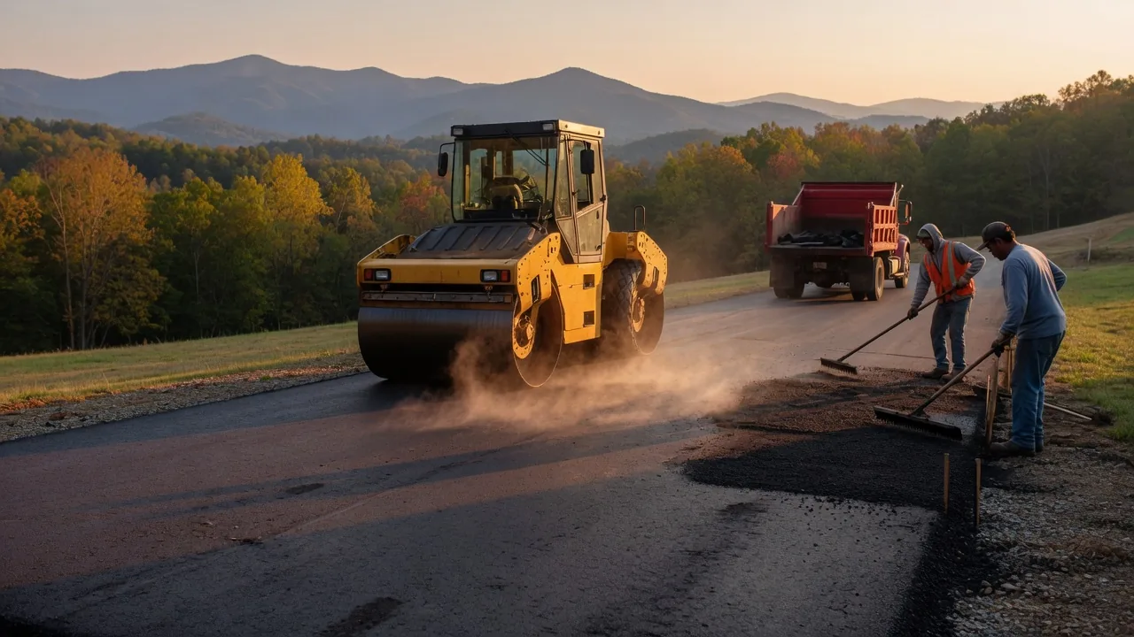 A roller compacting hot-mix asphalt on a residential driveway
