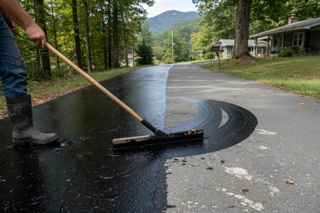 Sealcoat going down by squeegee, the treated half glossy black