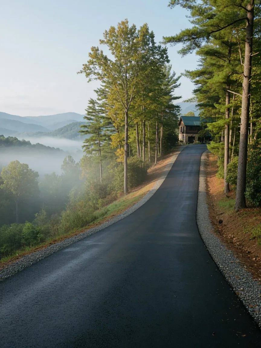 A steep asphalt driveway climbing to a mountain home